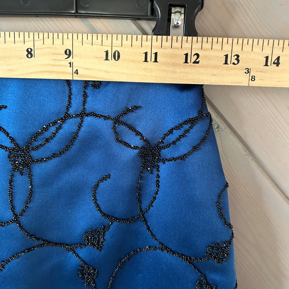 Moda International Blue Satin Beaded Mini Skirt Vintage Size 2 Pencil Cocktail - Picture 3 of 5